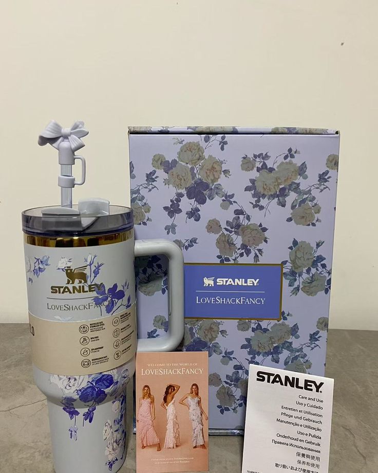 40oz Printed Stanley Tumbler – Premium Insulated Travel Mug | Leak-Proof Lid | Hot & Cold Drinks-Blue Floral
