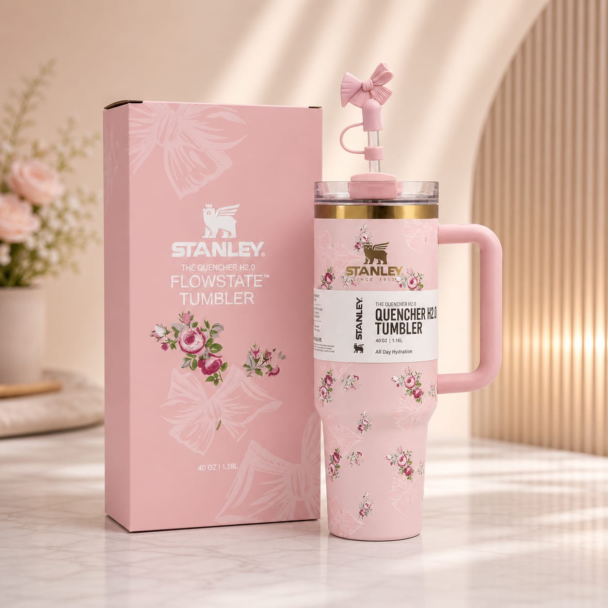 40oz Printed Stanley Tumbler – Premium Insulated Travel Mug | Leak-Proof Lid | Hot & Cold Drinks-PINK ROSE