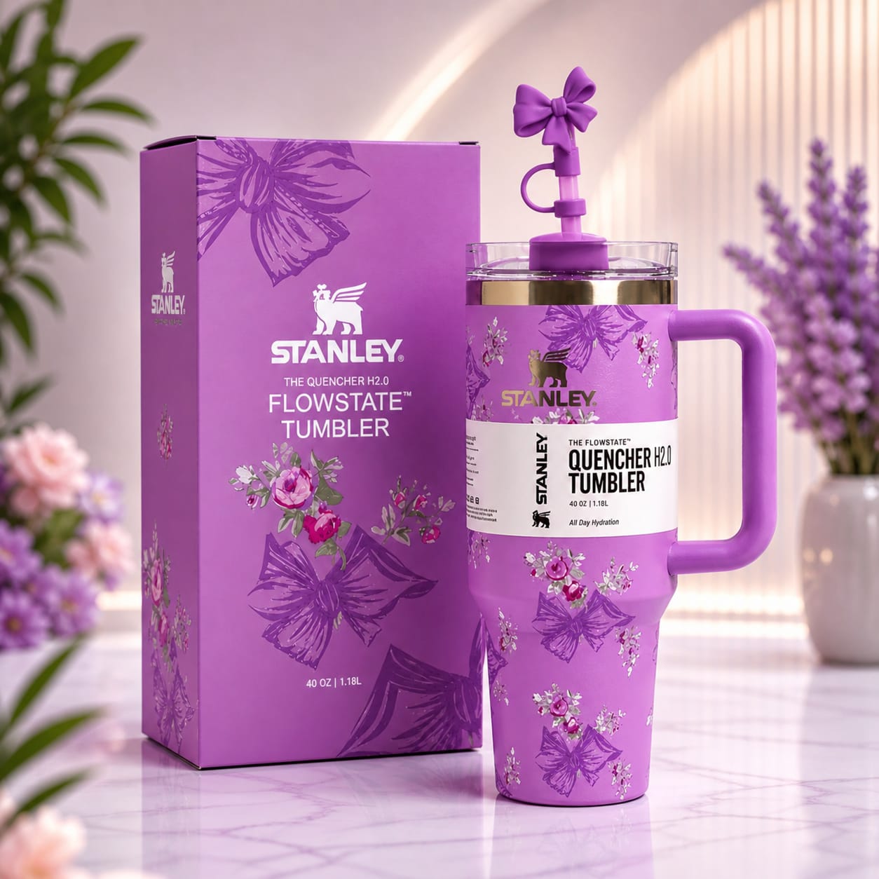 40oz Printed Stanley Tumbler – Premium Insulated Travel Mug | Leak-Proof Lid | Hot & Cold Drinks-LAVENDAR