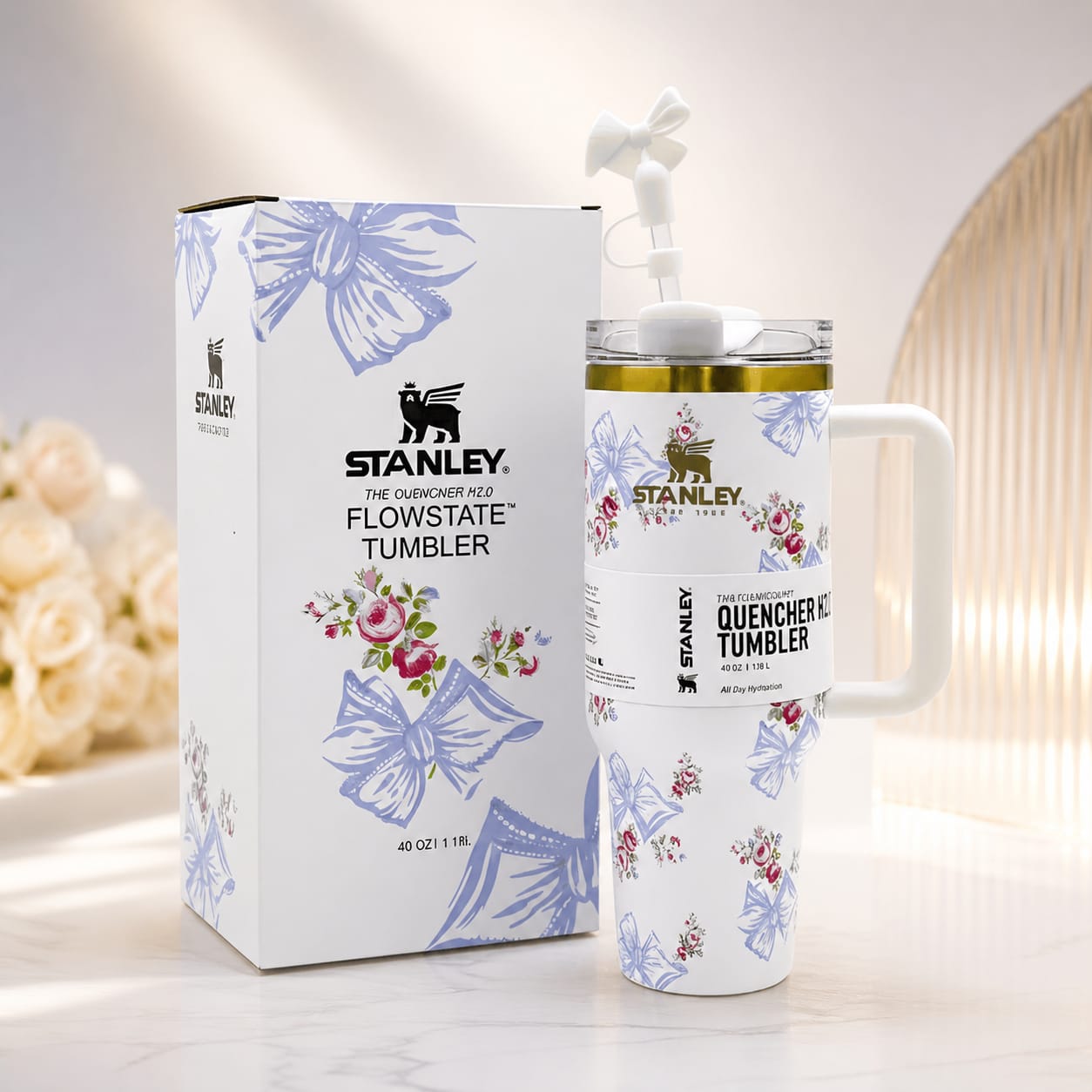 40oz Printed Stanley Tumbler – Premium Insulated Travel Mug | Leak-Proof Lid | Hot & Cold Drinks-Pearl White
