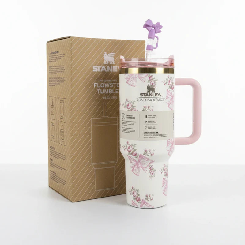 40oz Printed Stanley Tumbler – Premium Insulated Travel Mug | Leak-Proof Lid | Hot & Cold Drinks-Pink Mist