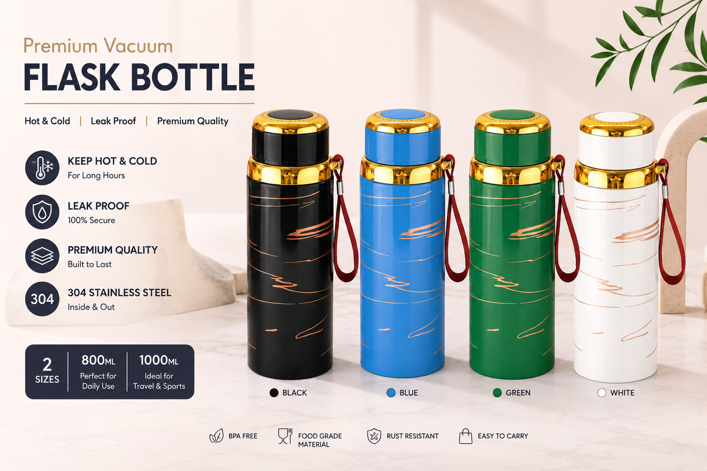 Marble Design Stainless Steel Vacuum Bottle 800ml – Double Wall Insulated Water Bottle