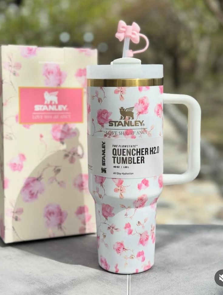 40oz Printed Stanley Tumbler – Premium Insulated Travel Mug | Leak-Proof Lid | Hot & Cold Drinks-White Floral