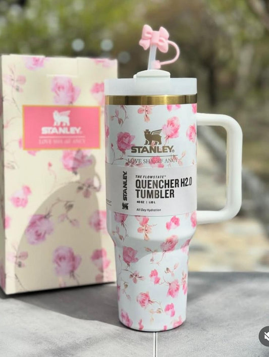 40oz Printed Stanley Tumbler – Premium Insulated Travel Mug | Leak-Proof Lid | Hot & Cold Drinks-White Floral