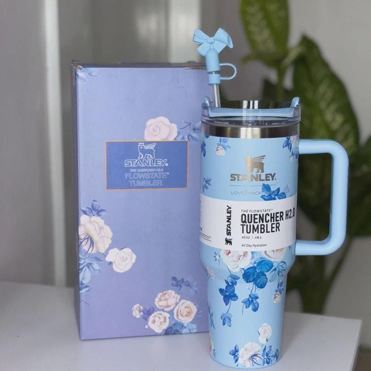 40oz Printed Stanley Tumbler – Premium Insulated Travel Mug | Leak-Proof Lid | Hot & Cold Drinks-Blue Floral
