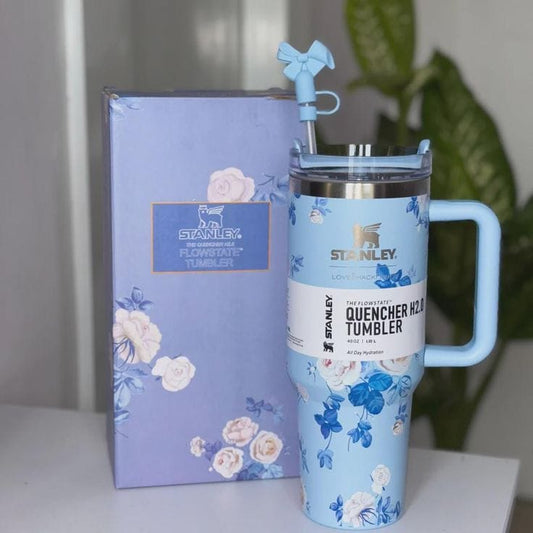 40oz Printed Stanley Tumbler – Premium Insulated Travel Mug | Leak-Proof Lid | Hot & Cold Drinks-Blue Floral