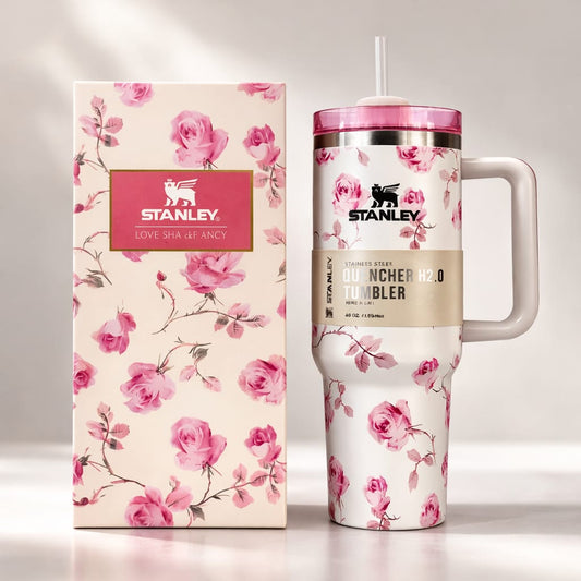 Printed 40oz Stanley Style Tumbler with Handle | Stainless Steel Vacuum Insulated Travel Mug- Pearl Petal