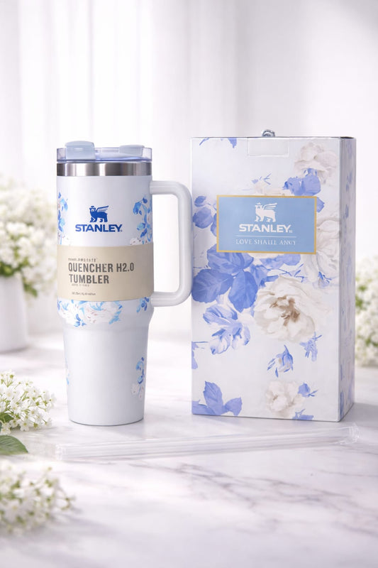 40oz Printed Stanley Tumbler – Premium Insulated Travel Mug | Leak-Proof Lid | Hot & Cold Drinks-Blue Floral