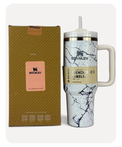 40oz Printed Stanley Tumbler – Premium Insulated Travel Mug | Leak-Proof Lid | Hot & Cold Drinks-White Marblel