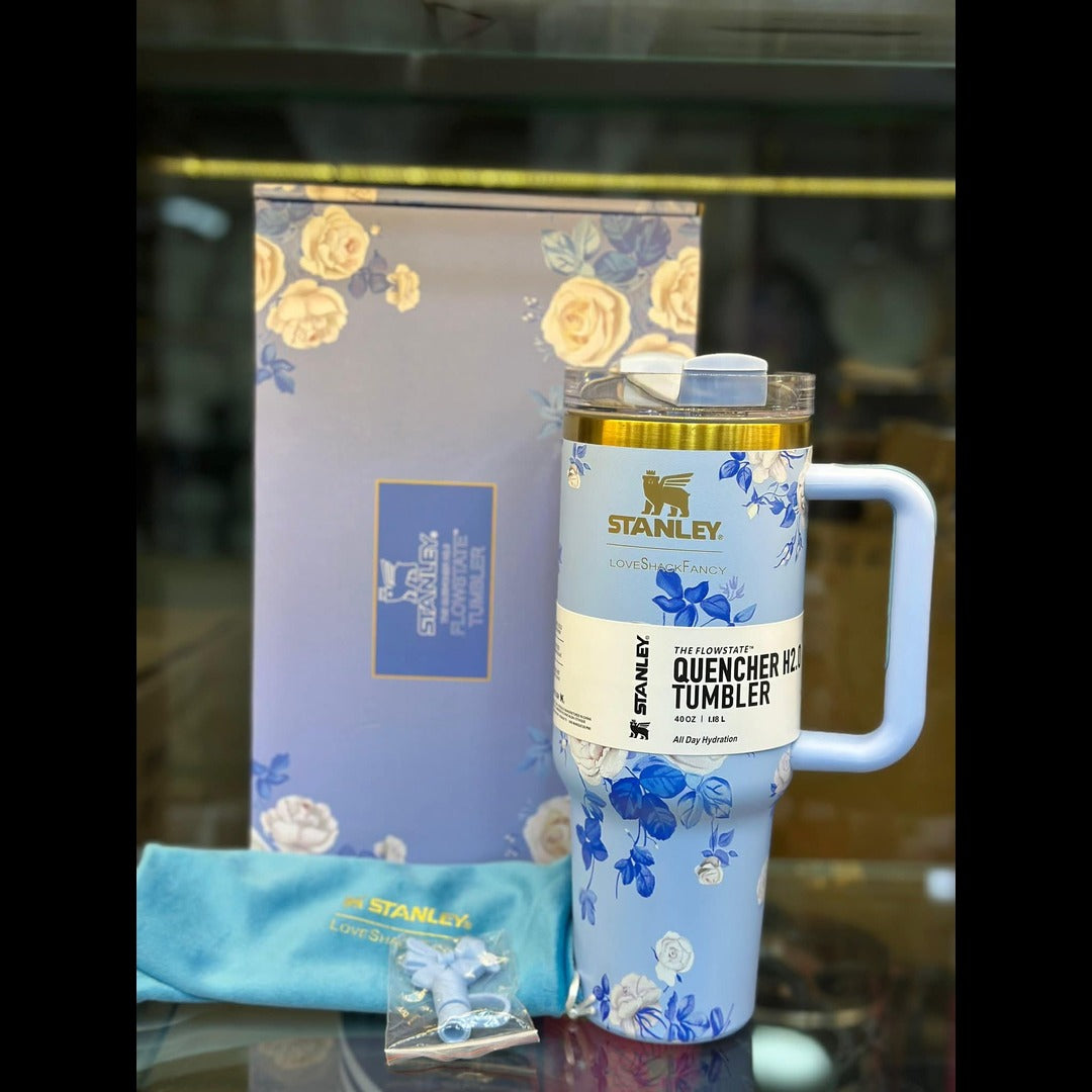 40oz Printed Stanley Tumbler – Premium Insulated Travel Mug | Leak-Proof Lid | Hot & Cold Drinks-Blue Floral