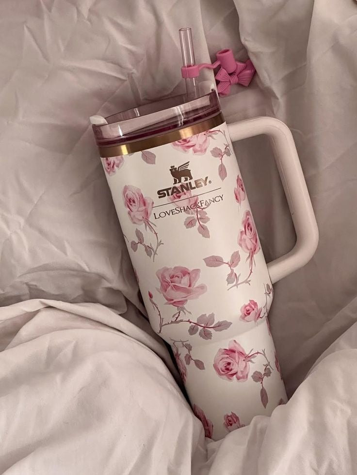40oz Printed Stanley Tumbler – Premium Insulated Travel Mug | Leak-Proof Lid | Hot & Cold Drinks-White Roses