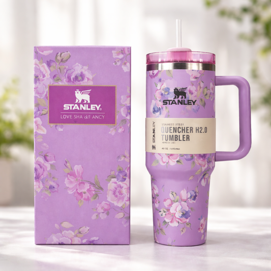 40oz Printed Stanley Tumbler – Premium Insulated Travel Mug | Leak-Proof Lid | Hot & Cold Drinks-Purple Floral